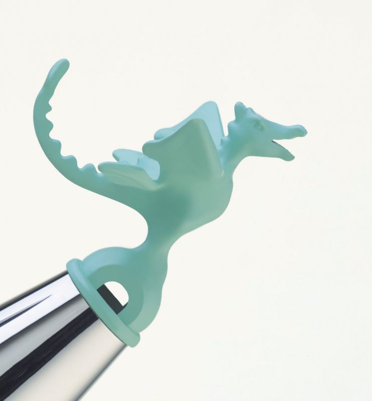 Türkis-farbener Ersatzvogel als Flöte für Alessi Wasserkessel, Detailaufnahme des Kesselpfeifen-Aufsatzes.